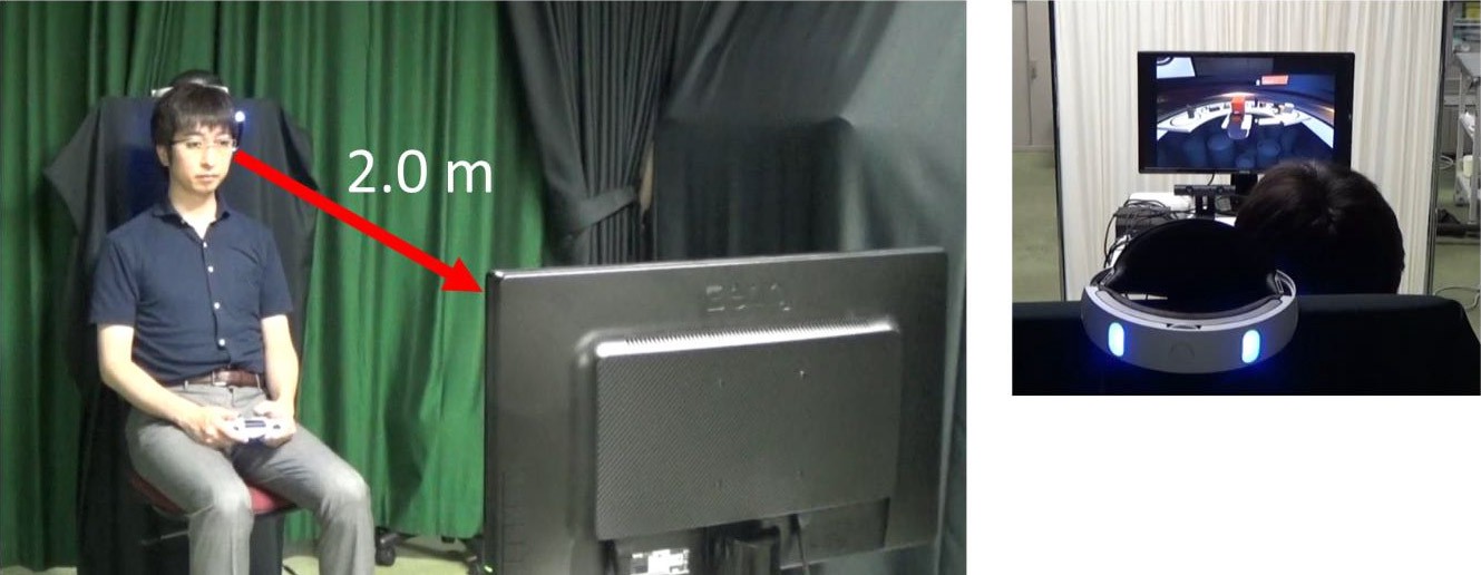 Рис.1 Эксперимент по оценке усталости глаз университета Осаки. Оборудование: 2D-дисплей (слева) VR-очки (справа)